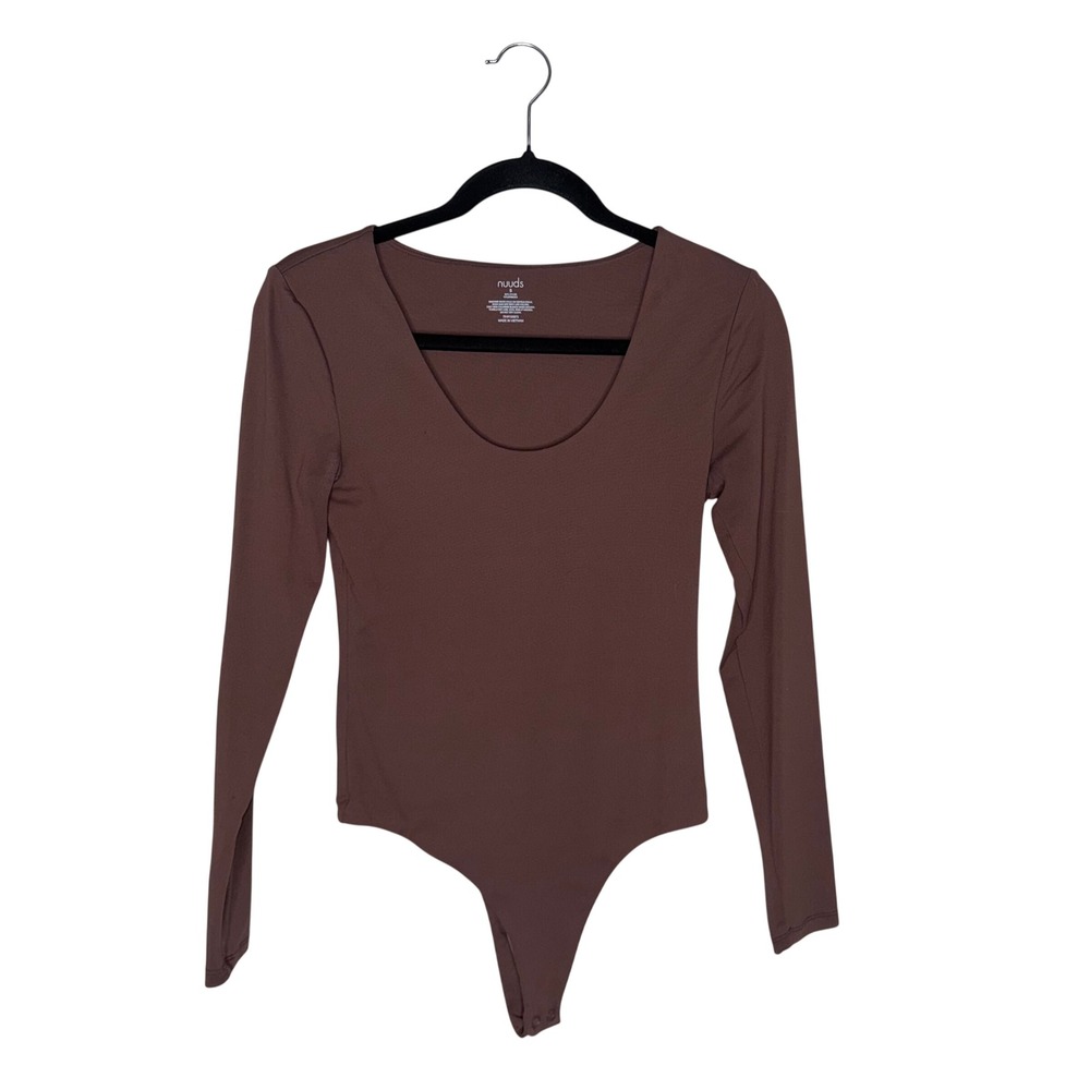 nuuds Long Sleeve Scoop Neck Bodysuit Women S‎ Brown Excellent Thong Snap Base